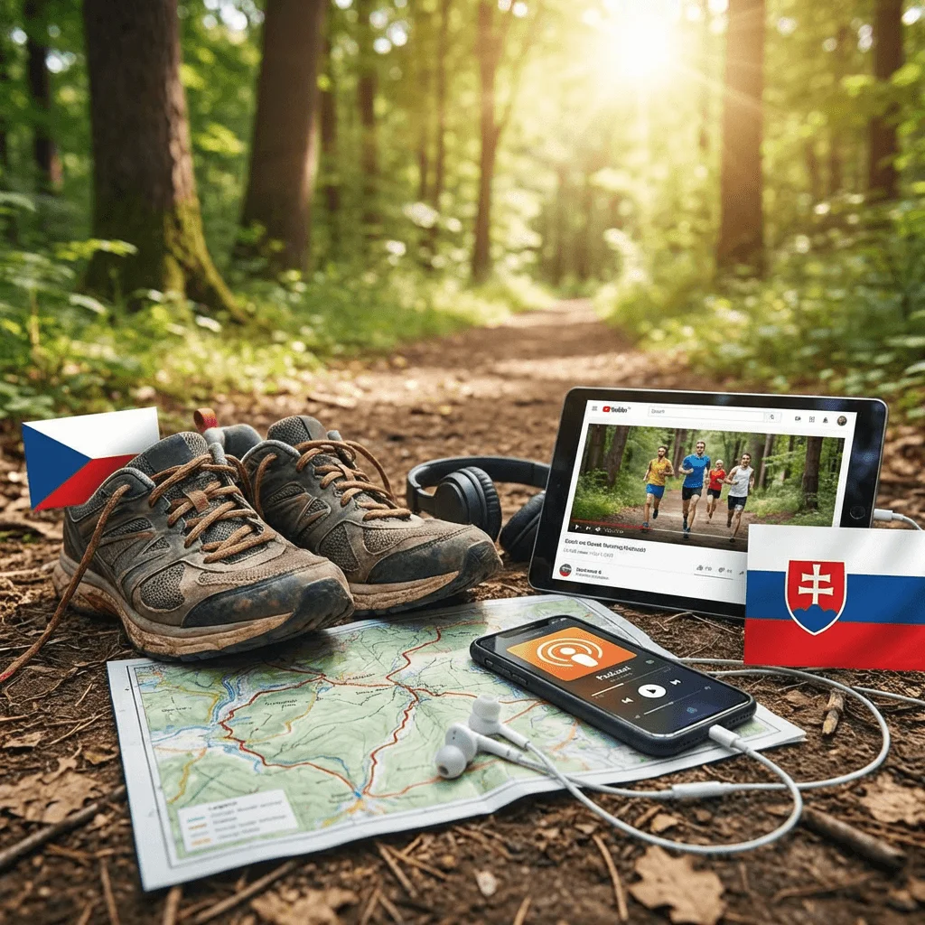 Bežecké topánky, mapa, slúchadlá a telefón s prehrávačom podcastov na lesnej ceste, vedľa česká a slovenská vlajka